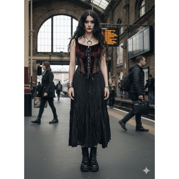 Carol  Litt VTG Black Crinkle gothic Elastic Stretch Maxi Skirt y2k Whimsigoth M - Picture 1 of 9